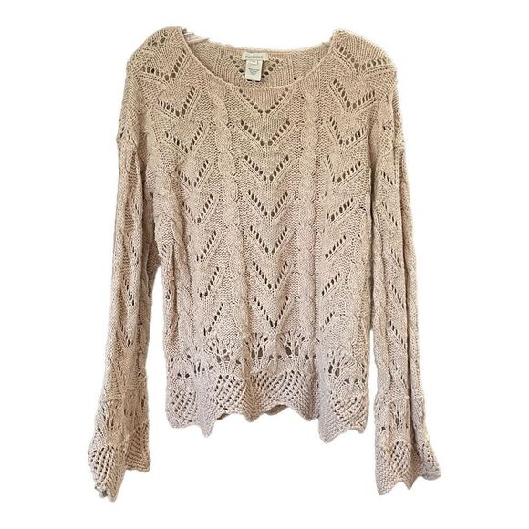 SUNDANCE Women's Open Knit Sweater Crocheted  Round Neck 100% Cotton Beige Mediu - Picture 2 of 6